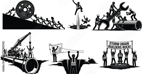 Road construction workers silhouette set laying and rolling asphalt with hand rollers and a dump truck, black vector illustration for paving, highway repair, and civil engineering projects.