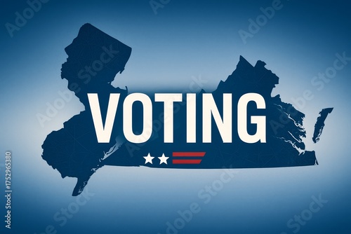 Voting concept with map silhouette of New Jersey and Virginia state outline, American flag elements, and typography design.