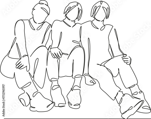 One continuous single drawing line art flat doodle woman, girl, lifestyle, friends, happy, young, walking, female. Isolated image hand draw contour on a white background, hand drawn, not AI