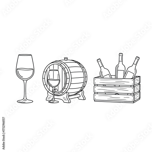 Hand drawn sketch of wine glass barrel and bottles in a crate