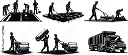 Construction worker silhouettes repairing, operating, and performing maintenance on a heavy-duty portable cement mixer machine, black vector illustration for concrete work, masonry.