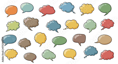 A diverse collection of colorful speech bubbles and thought clouds in various shapes and sizes is presented.