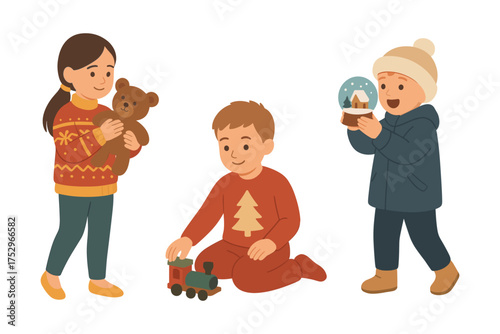Children enjoying Christmas with toys and winter decorations. A cozy festive scene featuring kids playing with a teddy bear, toy train, and a snow globe. Vector illustration.