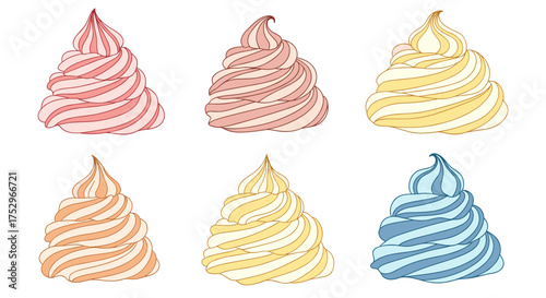 A delightful collection of colorful soft serve swirls in six vibrant pastel shades perfect for summer treats.