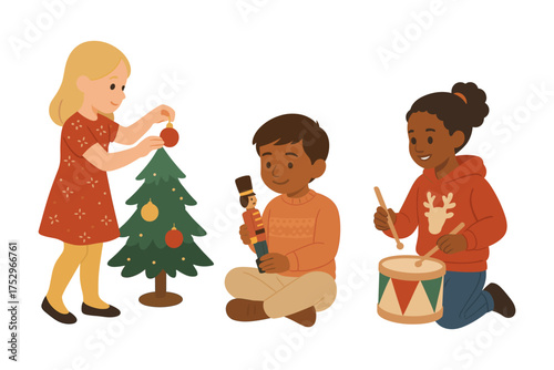 Children celebrating Christmas with holiday decorations and toys. A heartwarming scene with kids decorating a tree, playing with a nutcracker, and drumming. Vector illustration.