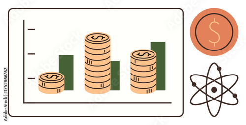 Stacked coins rise on a bar chart next to a dollar coin and atomic structure. Ideal for finance, analytics, progress, science, technology, investment, education. A simple flat metaphor