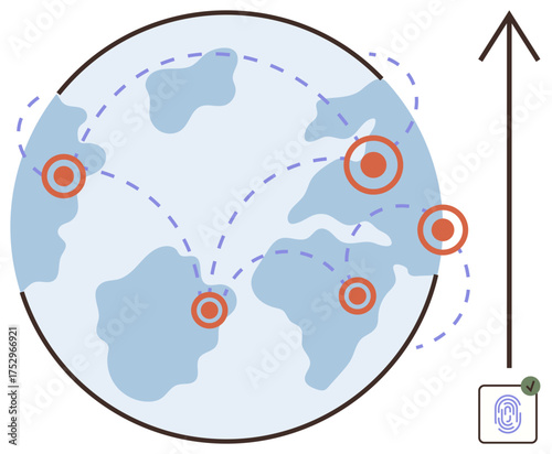 Globe with highlighted locations, dotted connection lines, upward arrow symbolizing growth, and fingerprint icon. Ideal for globalization, cybersecurity, growth, networking, data security