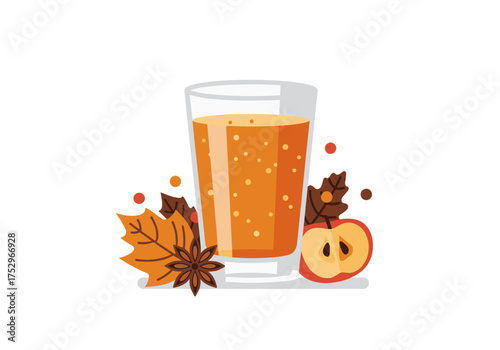 Apple cider in glass with autumn leaves and apple slice  