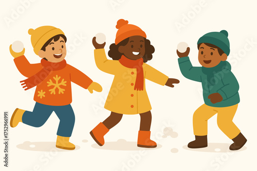 Children enjoying a snowball fight in a fun and energetic winter scene. Playful kids dressed in bright coats and scarves, having a great time in the snow. Vector illustration.
