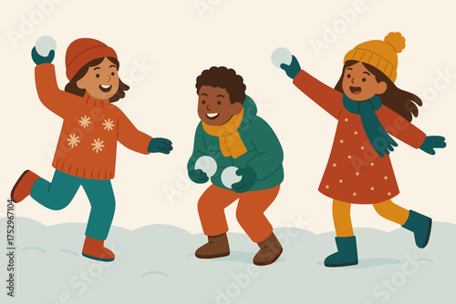 Children having fun in the snow with a lively snowball fight. Playful kids in colorful winter outfits, enjoying the winter day together. Vector illustration.