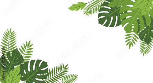 Lush green tropical leaves forming a beautiful natural border on a white background.