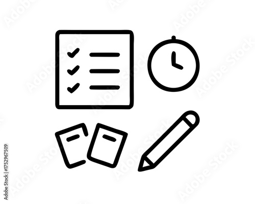 A checklist with clock, pencil and documents