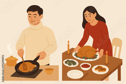 A couple preparing a festive meal, cooking and setting the table for a special occasion. A man cooking in the kitchen and a woman placing the cooked turkey on the table. Vector illustration.