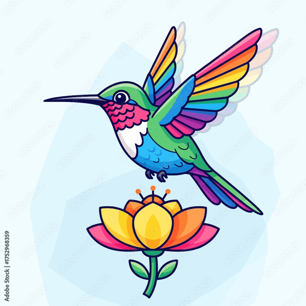 Obraz premium Hummingbird Rainbow Mascot Over Flower