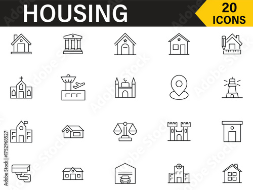 Housing line editable icon set. Included icons as insurance, location, mortgage, for sale, housing, house, real estate, home, office, bank, school, hotel and more. Vector illustration.