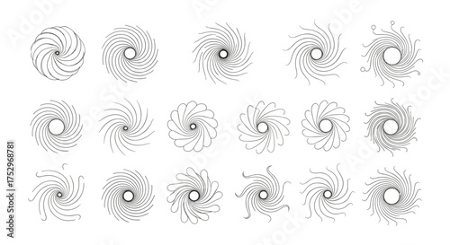 Collection of abstract circular graphic design elements resembling swirling vortex patterns and radial bursts.