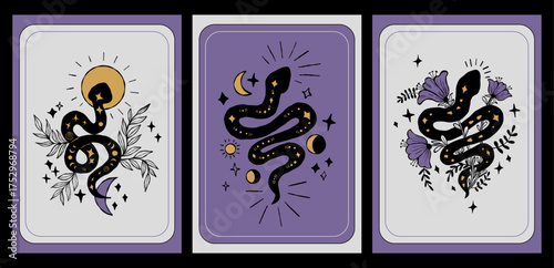 Mystical Snake with Moon, Sun and Flowers Plants. Color Textured Hand Drawn Doodle. Vertical Cards Set. Isolated Magical dark Kundalini for Tarot, magic, esoteric design. Vector Illustration. Not AI