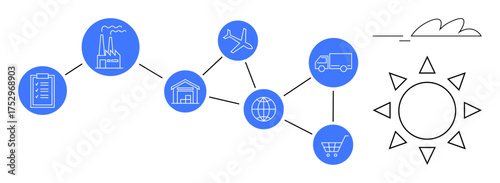 Network showing factory, warehouse, plane, globe, truck, shopping cart linked by lines, symbolizing supply chain. Ideal for logistics, commerce transport manufacturing distribution retail global