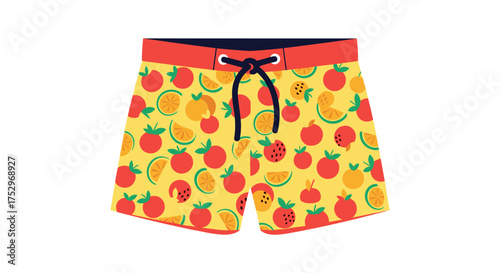 Bright yellow board shorts with a colorful fruit pattern are perfect for a day at the beach.