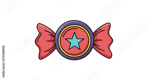 A colorful candy with a star inside is wrapped in red paper and lies on a white background.