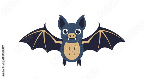 A cute cartoon bat with wide open wings is flying in the air.