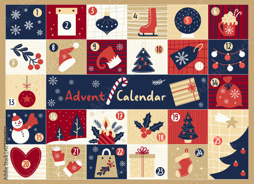 Cute Advent Calendar. Countdown Christmas. Xmas Numbers Template set. New Year Traditional symbol with snowman, gift, tree, sugar cane, skates, hot cocoa and mistletoe. Vector illustration. Not AI..