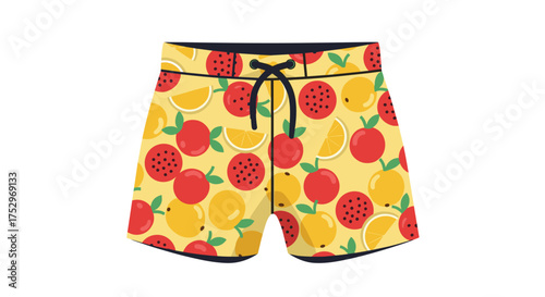 Vibrant yellow board shorts featuring a playful all-over pattern of red apples and slices of yellow fruit and oranges.