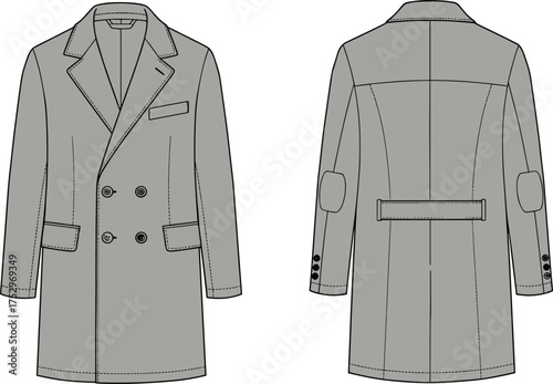 Double breasted overcoat flat sketch, fashion technical drawing, apparel design template, clothing vector illustration, front and back view garment mockup