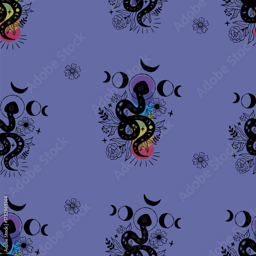 Mystical Seamless Pattern with Black Snake Kundalini with Colorful Chakra, Moon Phase and Flowers on Dark Blue Background. Repeating Textured Hand Drawing Doodle Template. Vector illustration. Not AI