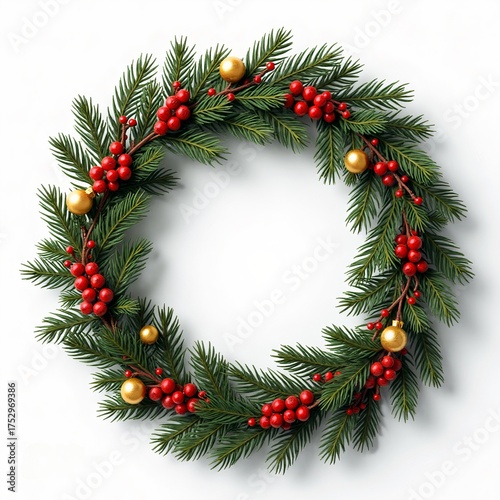 Festive Christmas wreath with red berries and golden ornaments  