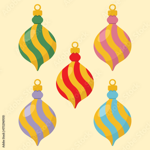 Set of colourful Christmas toys with bows. Holiday decorations vector illustration.