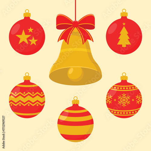 Set of Christmas toys. Red balls with patterns and bell with red bow. Holiday decorations vector illustration.