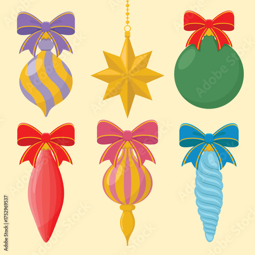 Set of colourful Christmas toys with bows. Holiday decorations vector illustration.