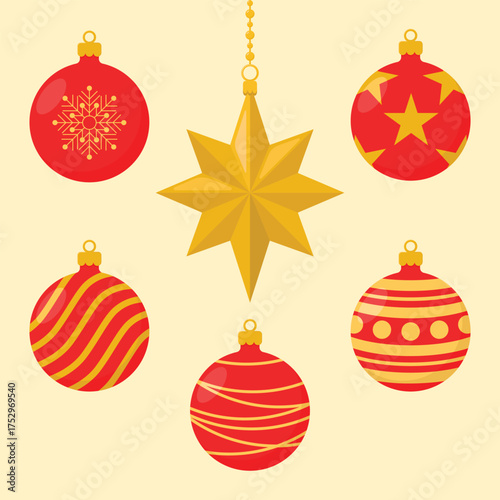 Set of Christmas toys. Red balls with patterns and golden star. Holiday decorations vector illustration.