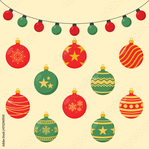 Set of holiday decorations. Red and green balls with patterns and xmas lights. Christmas tree toys with garland vector illustration.