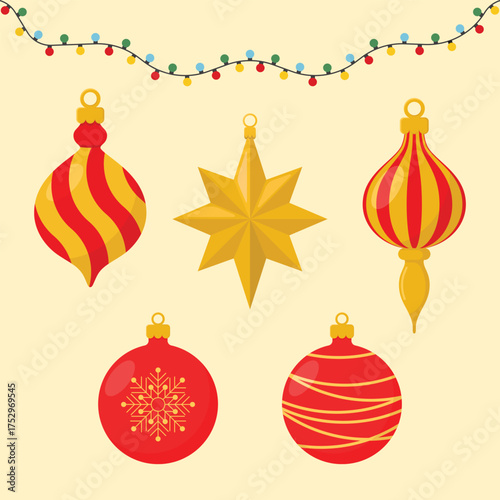 Set of holiday decorations. Red balls with patterns, golden star and colourful lights. Christmas tree toys with garland vector illustration.