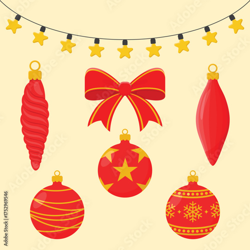 Set of holiday decorations. Red balls with patterns, icicles, red bow and star shape lights. Christmas tree toys with garland vector illustration.