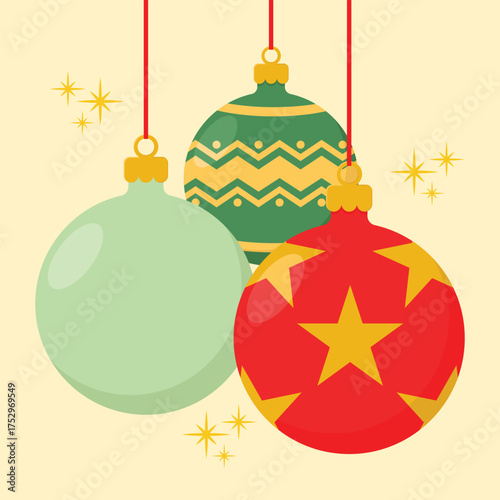 Set of colourful holiday decorations. Red and green balls with patterns. Christmas tree toys composition vector illustration.