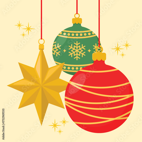 Set of colourful holiday decorations. Red and green balls with patterns, and golden star. Christmas tree toys composition vector illustration.