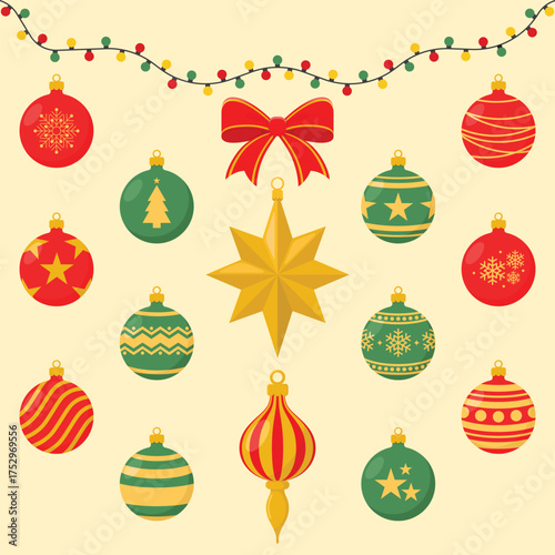 Set of colourful holiday decorations. Red and green balls with patterns, golden star, red bow and lights. Christmas tree toys with garland vector illustration.