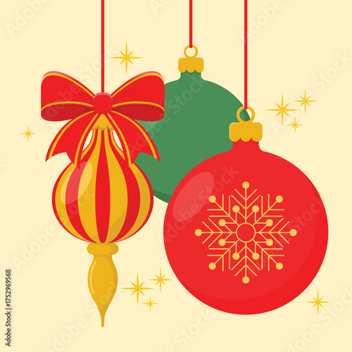 Set of colourful holiday decorations. Red ball with snowflake pattern, green ball, red and golden toy with bow. Christmas tree toys composition vector illustration.