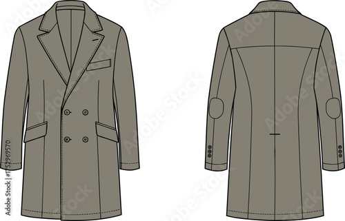 Double breasted overcoat flat sketch, men’s fashion technical drawing, apparel design template, clothing vector illustration, front and back view garment mockup