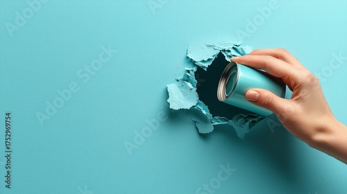 Hand breaking through blue paper with a matching can.