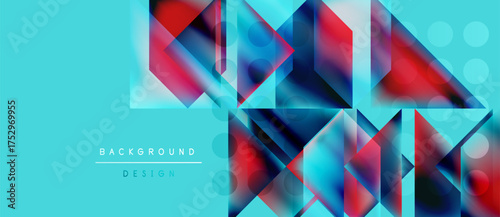 Abstract geometric shapes overlap, creating vibrant color gradients. Turquoise background complements red, blue hues. Modern design element.
