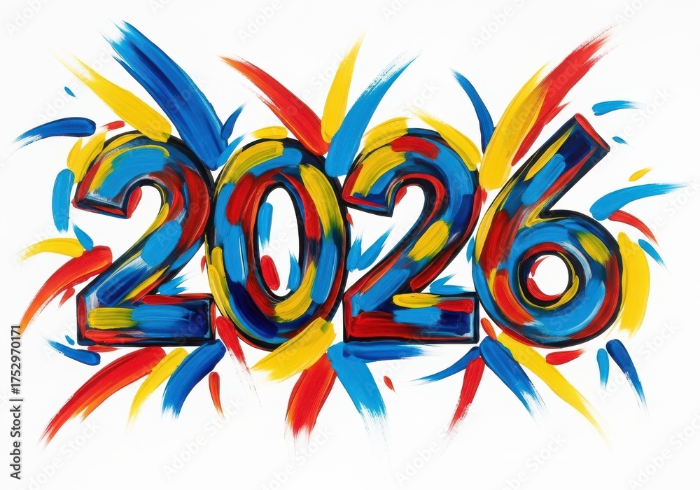 Fototapeta premium Colorful Abstract Artwork Representing New Year 2026 with Vibrant Brush Strokes and Shapes