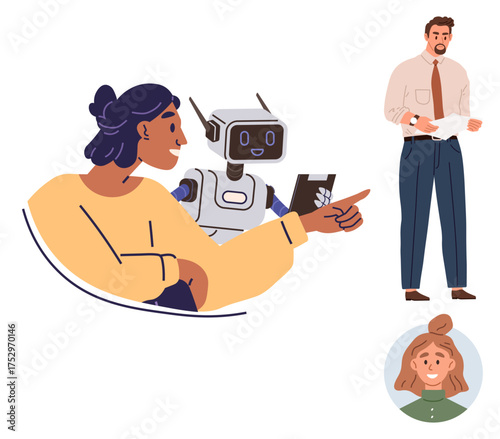 Woman interacting with a robot, man reviewing documents, and a young professional in profile. Ideal for teamwork, technology, innovation, communication, collaboration, AI integration modern