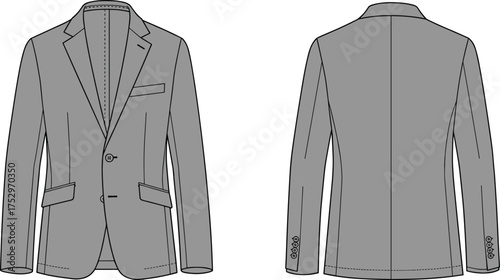 Men’s blazer jacket flat sketch, fashion design template, technical drawing apparel, vector illustration clothing, front and back view, tailoring construction