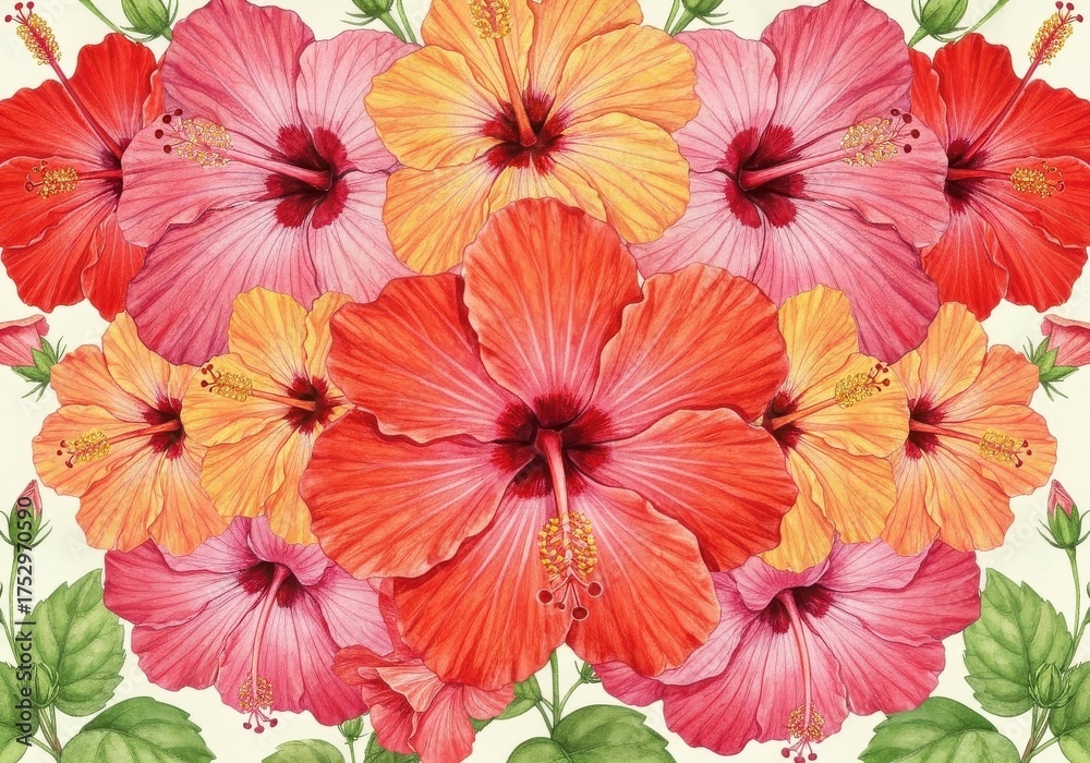custom made wallpaper toronto digitalVibrant Hibiscus Flowers in Vivid Colors with Green Leaves for Summer Floral Design
