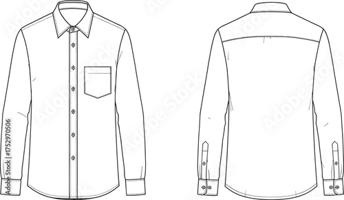 Men’s button-up shirt flat sketch, fashion design template, technical drawing apparel, vector illustration clothing, front and back view, garment construction