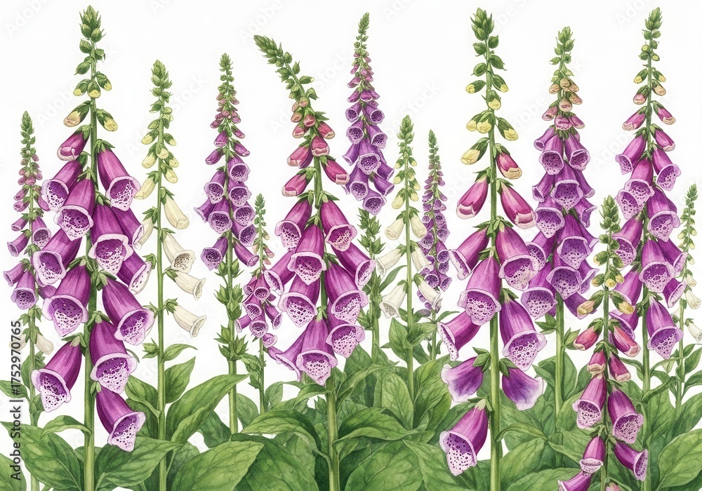 Naklejka premium Beautifully Illustrated Foxglove Flowers with Vibrant Purple and White Blooms in Garden Setting